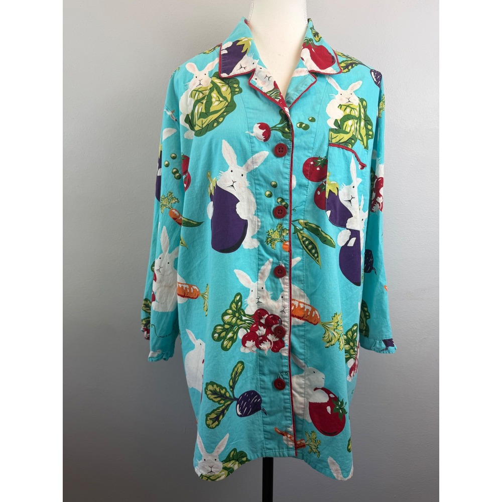 Nick & Nora Bunny Garden Vegetable Sleep Shirt XXL Turquoise Cotton Pajama Top
